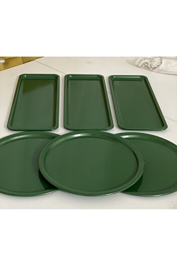 Elzem GREEN COLOR 6-PIECE RECTANGULAR AND ROUND MODEL SERVICE AND PRESENTATION TRAY METAL GREEN