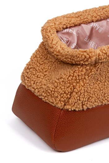 BAHELS Kadın Özel Tasarım Camel Peluş Teddy Clutch Portföy Çanta