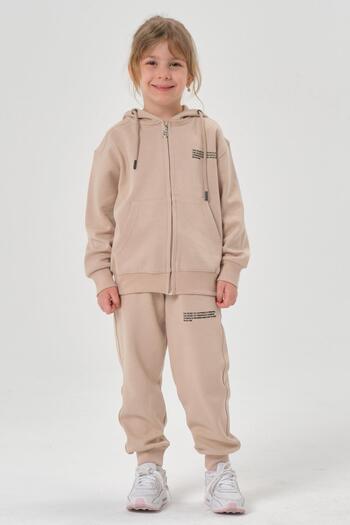 Black One Hooded Zippered Double Face Cotton Girls' and Boys' 2-Piece Top and Bottom Tracksuit Set