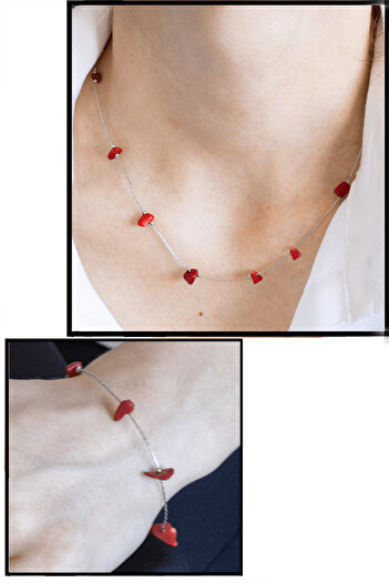 Tesbih Atölyesi Certified Red Coral Stone Natural Stone Necklace Bracelet Set