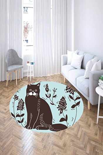 MODANOİVA Sanatsal Kedi ve Çiçek Motifi Desenli Kaymaz Taban Yıkanabilir Halı
