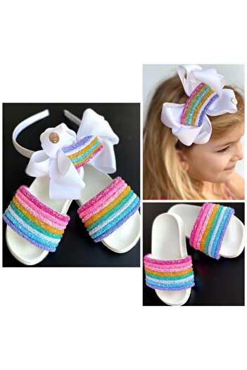 QUEEN AKSESUAR Girl's Special Design Luxury Colorful Rainbow Rainbow Glitter Sequin Shiny Crown Slippers Set