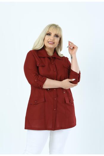 By Alba Collection Women's Cotton Linen Four Pockets Large Size Jacket Shirt Claret Red