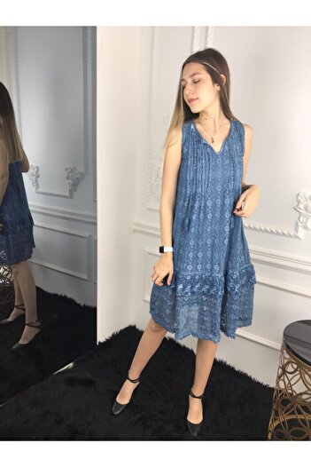 Bohemian Kadın Mavi Etek Ucu Fırfırlı Kolsuz Dantelli Elbise