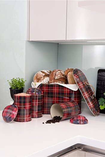 EVLE Plaid Patterned Set of 4 Metal Bread Basket and Food Storage Container - Red Efb02i3