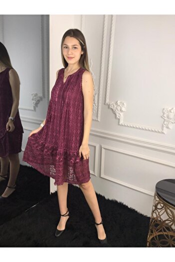 Bohemian Kadın Bordo Etek Ucu Fırfırlı Kolsuz Dantelli Elbise