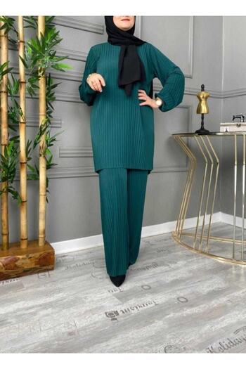 MODAMÜNASİP Women's Turquoise Pleated Trousers Set