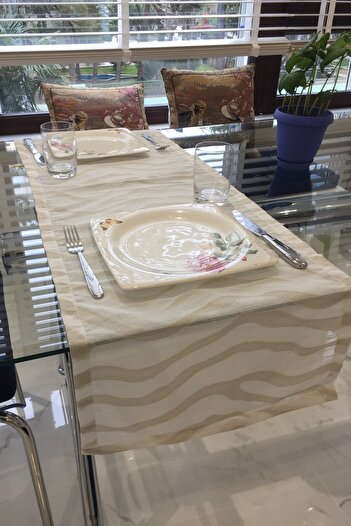 CLARISS HOME Runner, Linen, Wave Pattern, Jacquard, Stone Color, Table Cloth, Kitchen 40 X 140