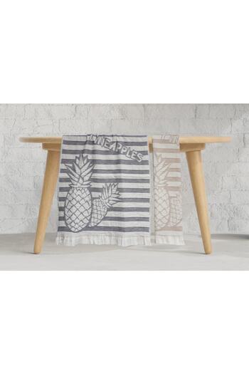 Lucy and Home Set of 2 100% Cotton Jacquard Fringed Kitchen Drying Cloths 50x70 Cm Pineapple