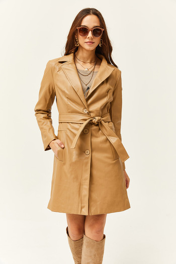 Olalook Women's Beige Lined Belted Faux Leather Trench Coat TRC-00000007
