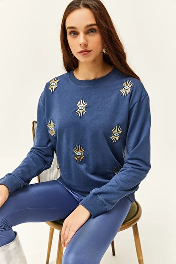 Olalook Hanorac sezonier cu ochi indigo brodat pentru femei SWT-19000598