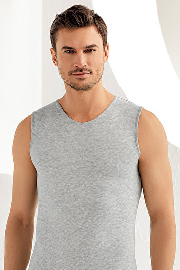 Şahinler Men's Gray Zero Sleeve V-Neck Lycra Single Jersey Undershirt ME079
