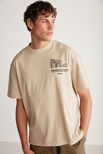 GRIMELANGE Beal Men - Back Printed Oversize Beige T-shirt 100% οργανικό βαμβάκι