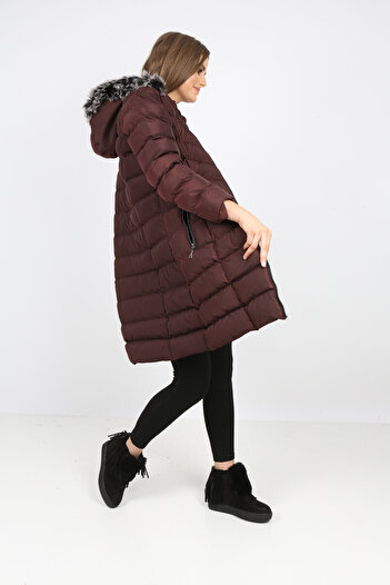 S&V TEKSTİL Women's Closed Burgundy Color Puffer Long Coat