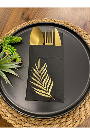kidspartim 12-Piece Gilded Gold Napkin - Black Leaf Pocket, 40x40