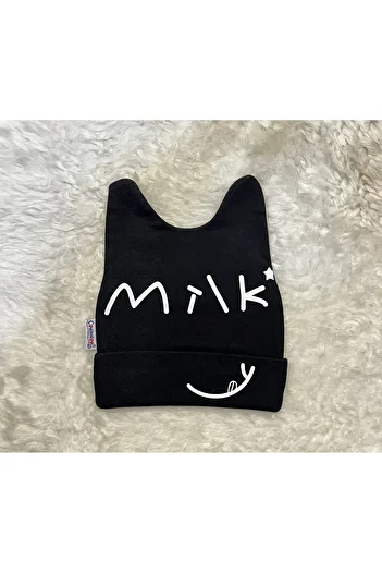 anne dokunuşu gibi KUZUM BEBE Black Milk Figured Baby Girl and Boy Combed Cotton Hat Beanie
