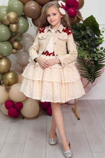 Riccotarz Girl's Butterfly Patterned Denim Jacket and Wrapped Sleeveless Cream Dress