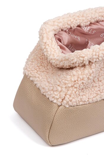 BAHELS Kadın Özel Tasarım Bej Peluş Teddy Clutch Portföy Çanta
