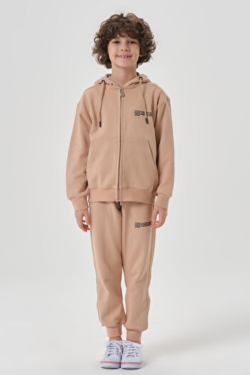 Black One Hooded Zippered Double Face Cotton Girls' and Boys' 2-Piece Top and Bottom Tracksuit Set