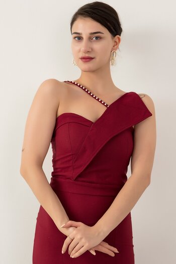 PULLIMM Pearl Detailed Long Fishnet Evening Dress with Slit 13218