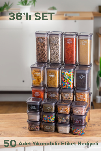 Porsima 433-GR-6 36 Pieces Square Label Food Food Food Spice Storage Container Set 12x(0.60+1.30+1.90) Lt Gray