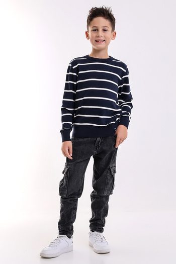 Matte VENICE BOY'S NAVY BLUE BICYCLE COLLAR STRIPED KNITWEAR SWEATER