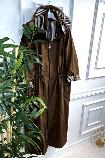 Aşkı Endam Large Size Removable Hooded Striped Full Length Trench - Brown