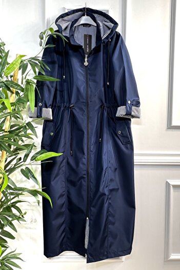 Aşkı Endam Large Size Removable Hooded Striped Full Length Trench - Navy Blue