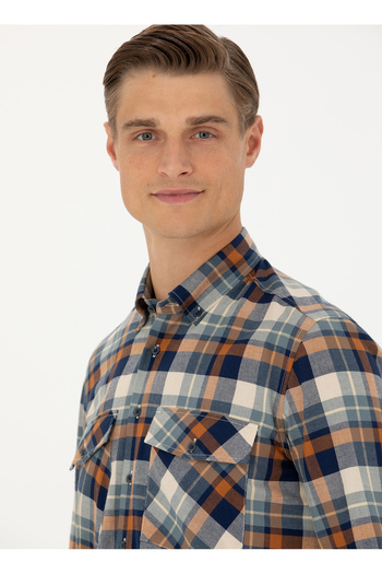 Cacharel Regular Fit Buttoned Collar Plaid Tan Men's Shirt Kailey