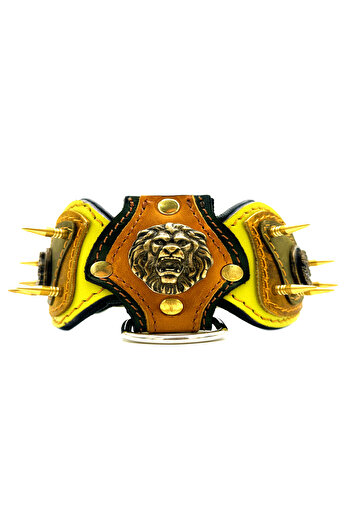Tasma Market Yellow-Brown Lion Head Special Design Leather Dog Collar