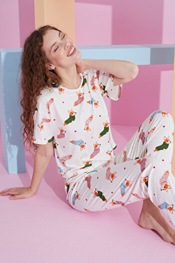 Siyah İnci colorful dog patterned Lycra Knitted Pajama Set
