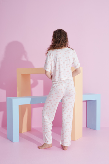 Siyah İnci Set de pijama tricotat Lycra cu inimă alb roz