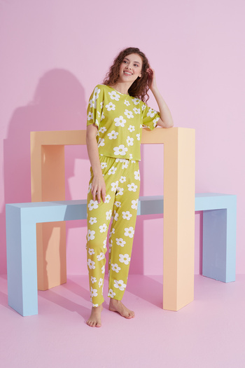 Siyah İnci green daisy patterned Lycra Knitted Pajama Set