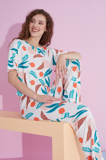 Siyah İnci Set de pijama tricotat Lycra cu model alb portocaliu