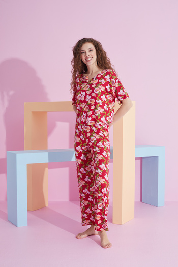 Siyah İnci red flower patterned Lycra Knitted Pajama Set