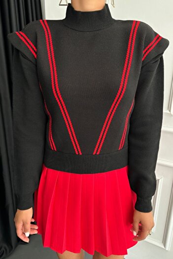 lovebox Slim Fit Narrow Cut Red Stripe Detailed Long Sleeve Black Women's Sweater 2540