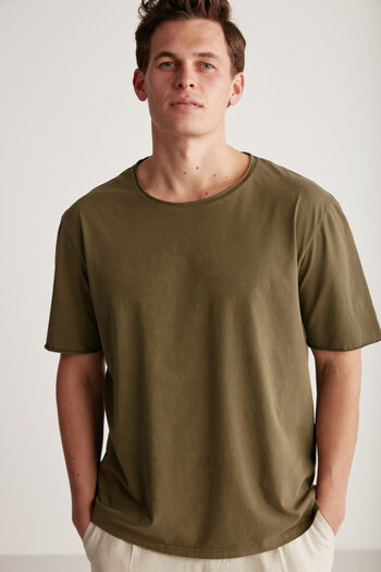 GRIMELANGE Davınson Men's Open Collar Oversize Fit 100% Cotton Khaki T-shirt
