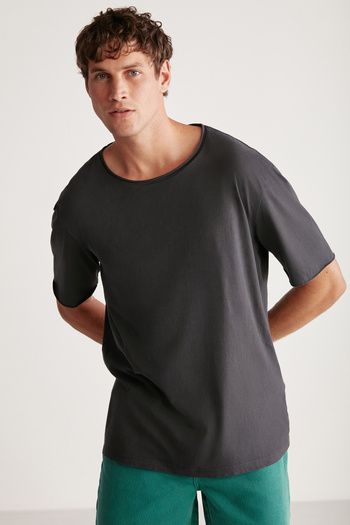 GRIMELANGE Davınson Men's Open Collar Oversize Fit 100% Cotton Anthracite T-Shirt