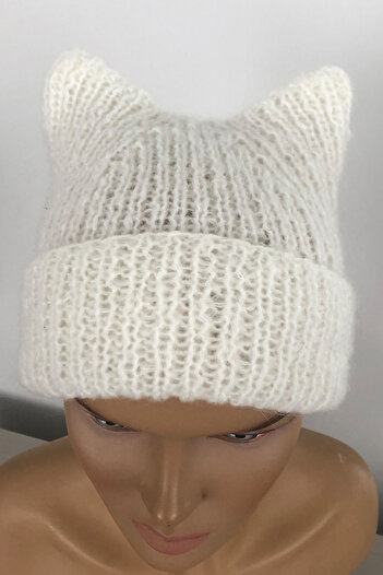 Vera Cat Eared Angora Wool Beret Hand Knitted Cream Beret