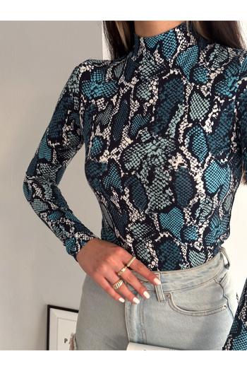 laughs WOMEN'S BLUE-BLACK SNAKE PATTERNED HALF TURTLEneck LONG SLEEVE BLOUSE BLZ1002