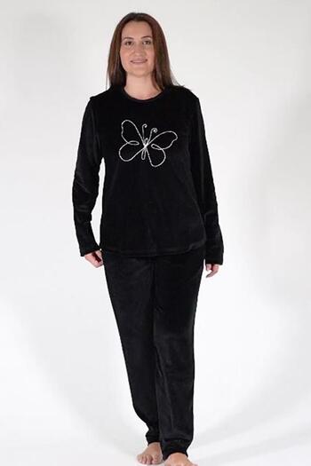 VİENETTA Women's Plus Size Long Sleeve Velvet Black Pajamas Set C3T0N6O006