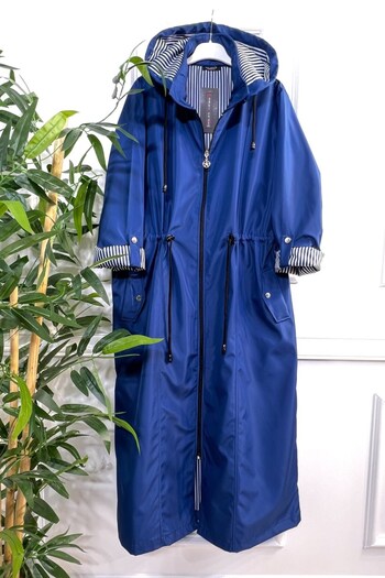 Aşkı Endam Large Size Removable Hooded Striped Full Length Trench - Blue