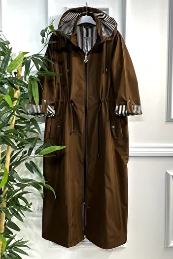 Aşkı Endam Large Size Removable Hooded Striped Full Length Trench - Brown