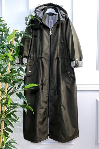 Aşkı Endam Large Size Removable Hooded Striped Full Length Trench - Khaki