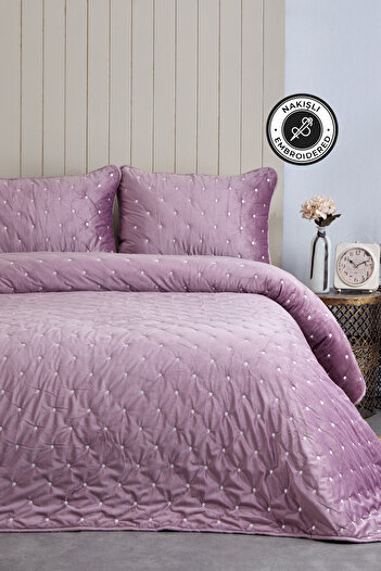 Evlen Home Collection Cotton Theos Velvet Bedspread Set Daily Double (Sided) Embroidered 3 Piece Filled Lilac