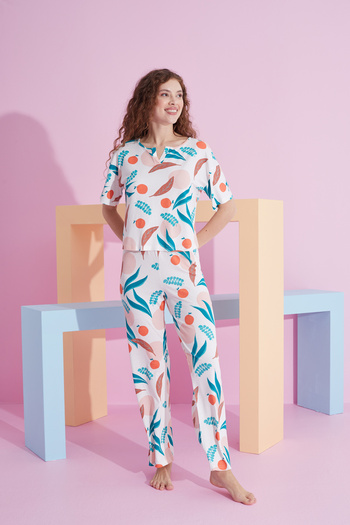 Siyah İnci Set de pijama tricotat Lycra cu model alb portocaliu