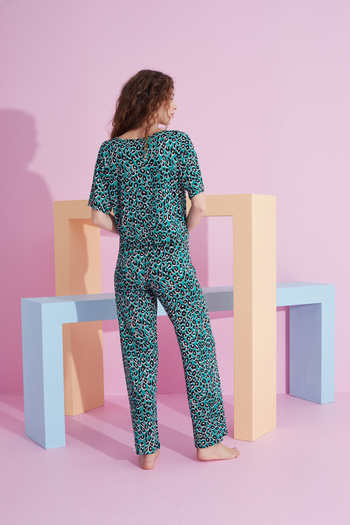 Siyah İnci yeşil leopar desenli likralı Örme Pijama Takım