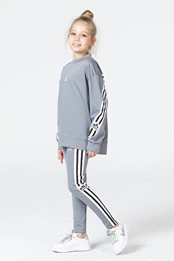 Black One Girl's Print Detailed Loose Slit Stripe Detailed Sports Stylish Tights-Sweat Set