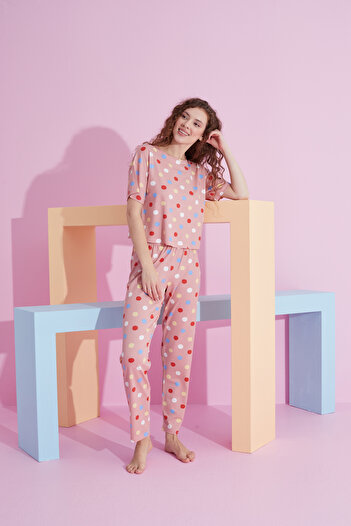 Siyah İnci colorful points patterned lycra Knitted Pajamas Set