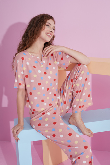Siyah İnci colorful points patterned lycra Knitted Pajamas Set